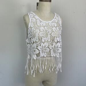 Rhinestone Lace Fringe Crop Top, Size Size M
